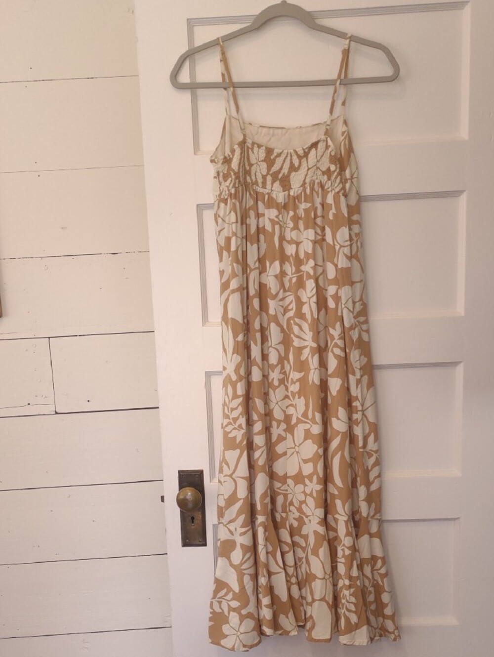 Beige and White Floral Maxi Dress with Spaghetti Straps - Picture 2 of 6